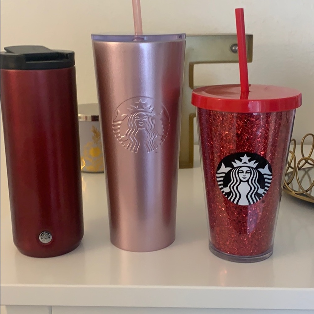Starbucks Cold/Hot Cups Glitter Rose Gold and Red